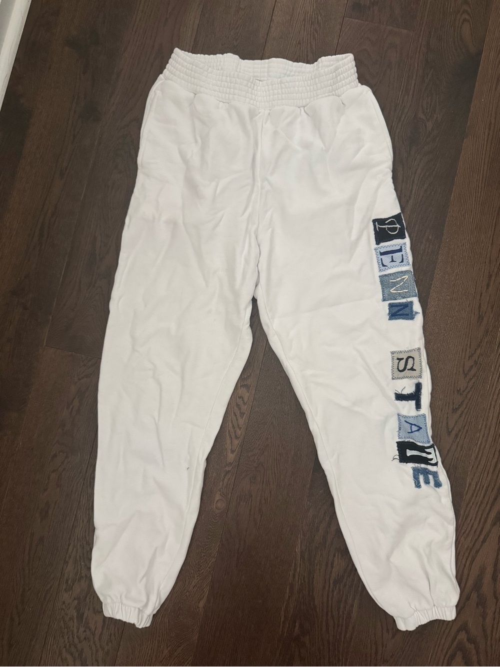 White Sweatpants with Penn State Side Patch Lettering